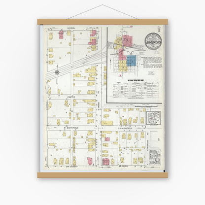 Old map wall art mockup — magnetic wood frame on white wall — Sanborn Fire Insurance Map from Bradford, Darke and Miami Counties, Ohio (1920) - Complete Map Set
