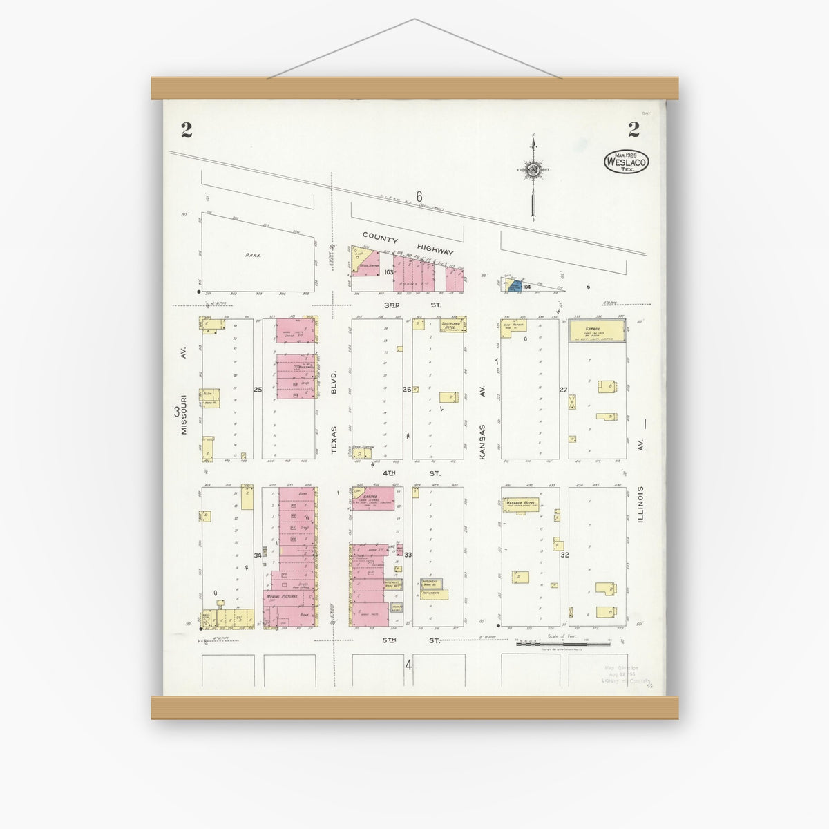 Old map wall art mockup — magnetic wood frame on white wall — Sanborn Fire Insurance Map from Weslaco, Hidalgo County, Texas (1925), Sheet #0002