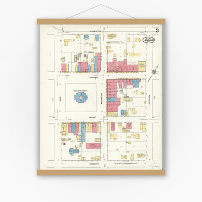 Old map wall art mockup — magnetic wood frame on white wall — Sanborn Fire Insurance Map from La Grange, Fayette County, Texas (1921), Sheet #0003