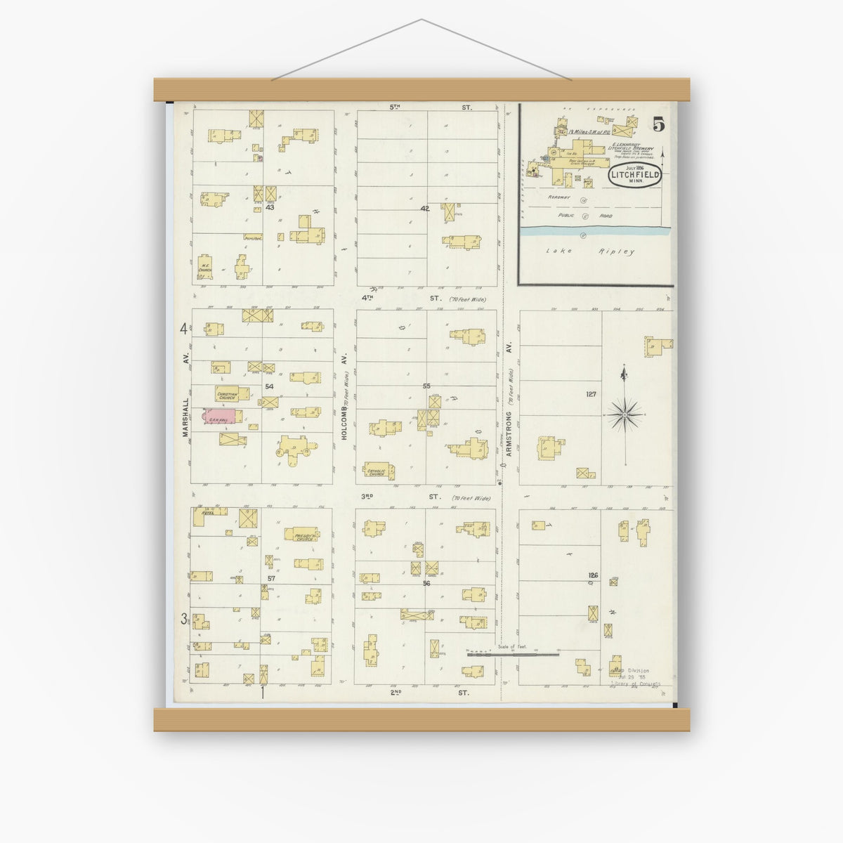 Old map wall art mockup — magnetic wood frame on white wall — Sanborn Fire Insurance Map from Litchfield, Meeker County, Minnesota (1896), Sheet #0005