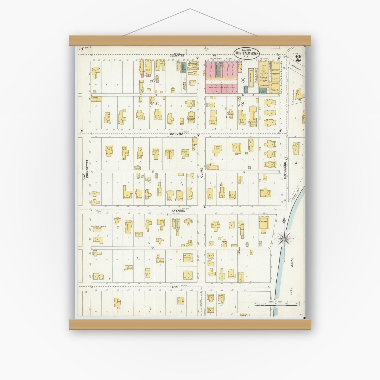 Old map wall art mockup — magnetic wood frame on white wall — Sanborn Fire Insurance Map from West Palm Beach, Dade County, Florida (1903), Sheet #0002