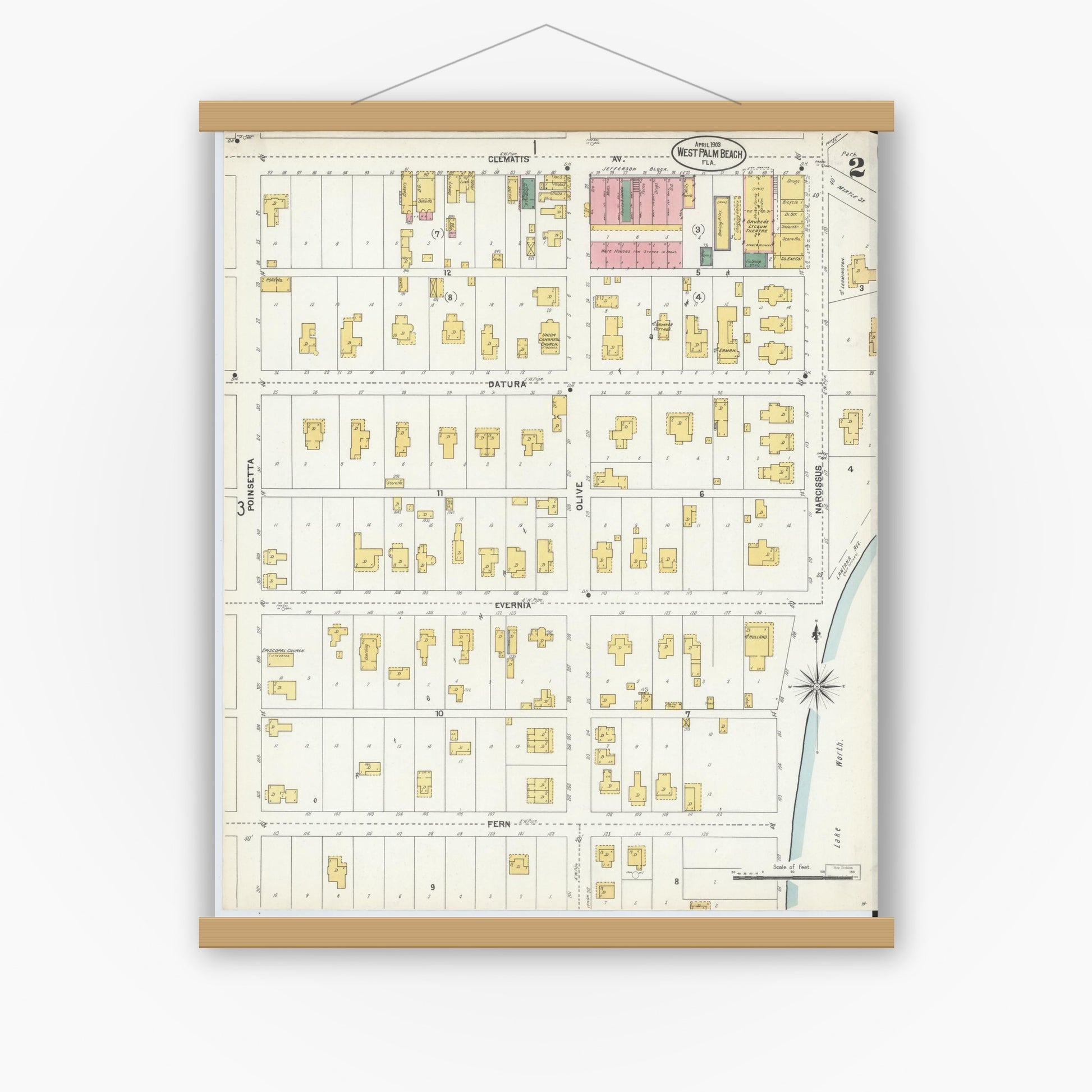 Old map wall art mockup — magnetic wood frame on white wall — Sanborn Fire Insurance Map from West Palm Beach, Dade County, Florida (1903), Sheet #0002