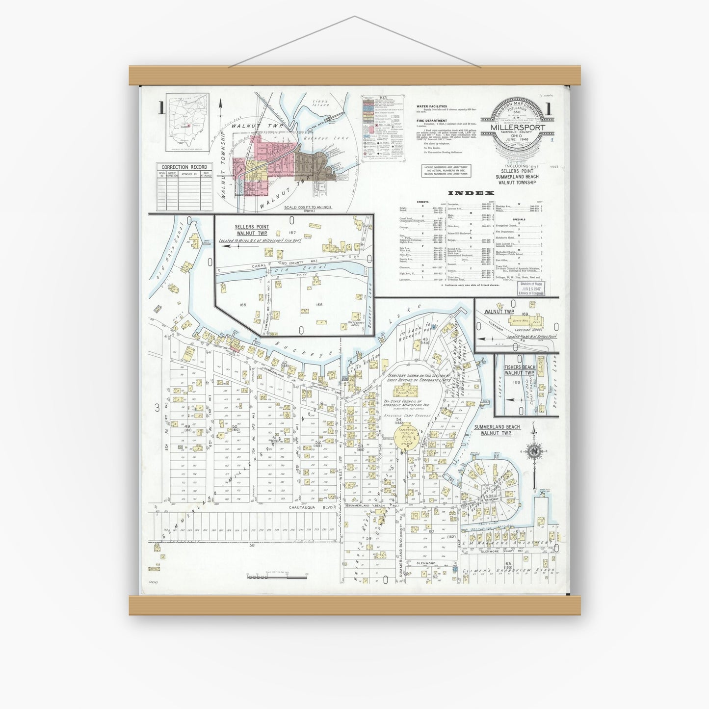 Old map wall art mockup — magnetic wood frame on white wall — Sanborn Fire Insurance Map from Millersport, Fairfield County, Ohio (1946) - Complete Map Set