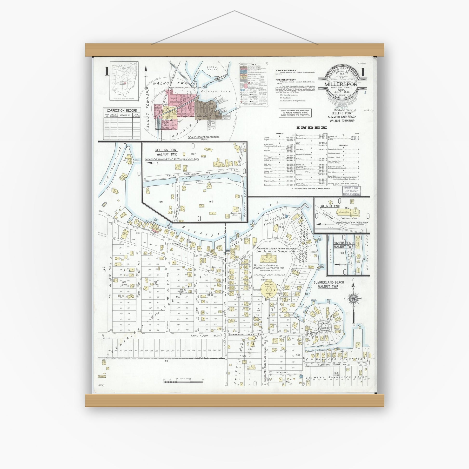 Old map wall art mockup — magnetic wood frame on white wall — Sanborn Fire Insurance Map from Millersport, Fairfield County, Ohio (1946) - Complete Map Set