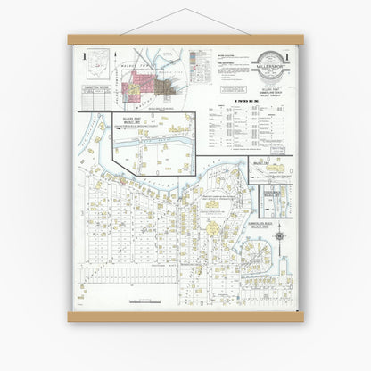 Old map wall art mockup — magnetic wood frame on white wall — Sanborn Fire Insurance Map from Millersport, Fairfield County, Ohio (1946) - Complete Map Set