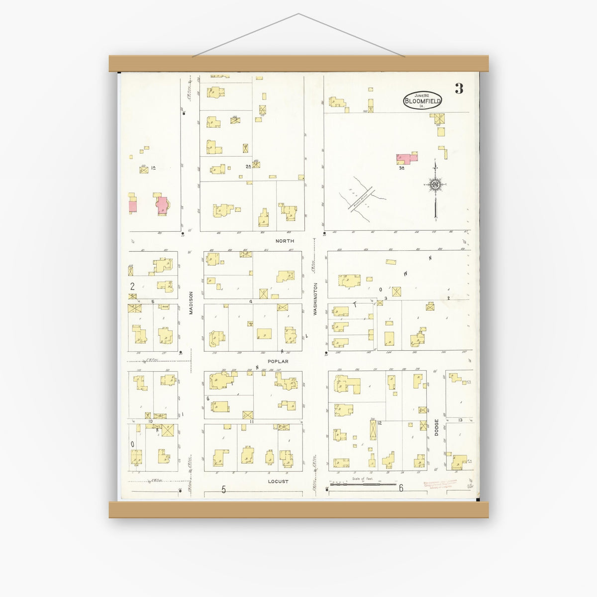 Old map wall art mockup — magnetic wood frame on white wall — Sanborn Fire Insurance Map from Bloomfield, Davis County, Iowa (1913), Sheet #0003