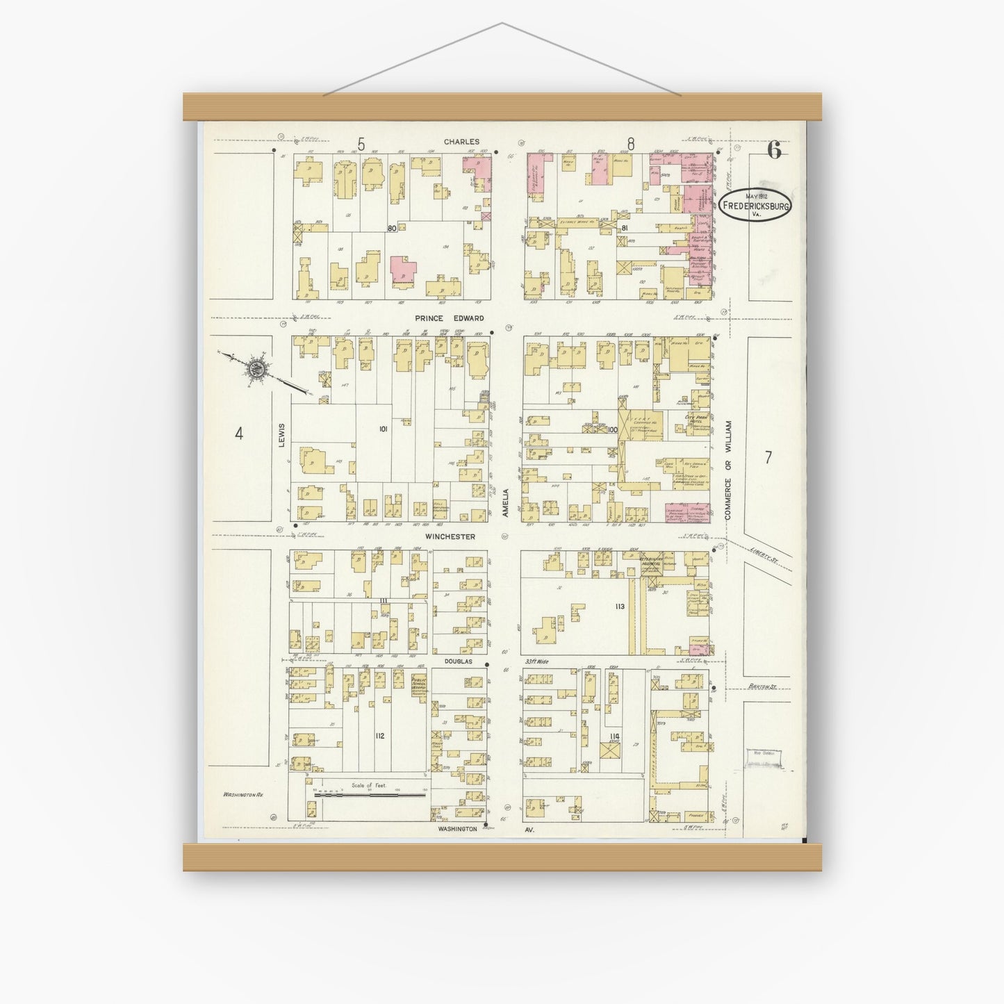 Old map wall art mockup — magnetic wood frame on white wall — Sanborn Fire Insurance Map from Fredericksburg, Independent Cities, Virginia (1912), Sheet #0006