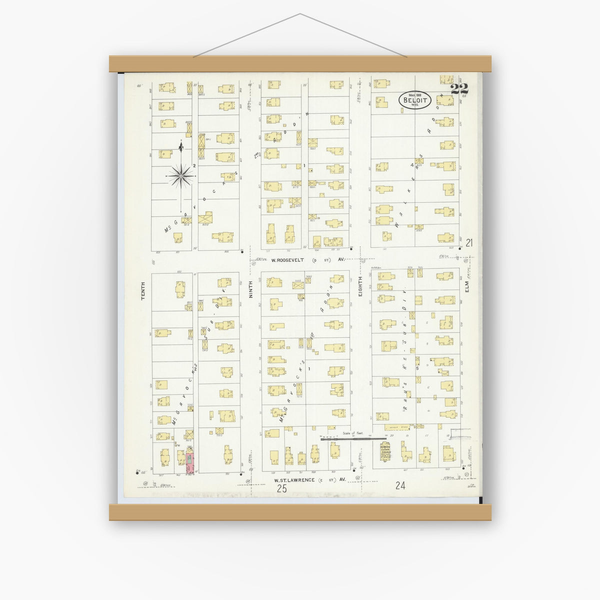Old map wall art mockup — magnetic wood frame on white wall — Sanborn Fire Insurance Map from Beloit, Rock County, Wisconsin (1908), Sheet #0022