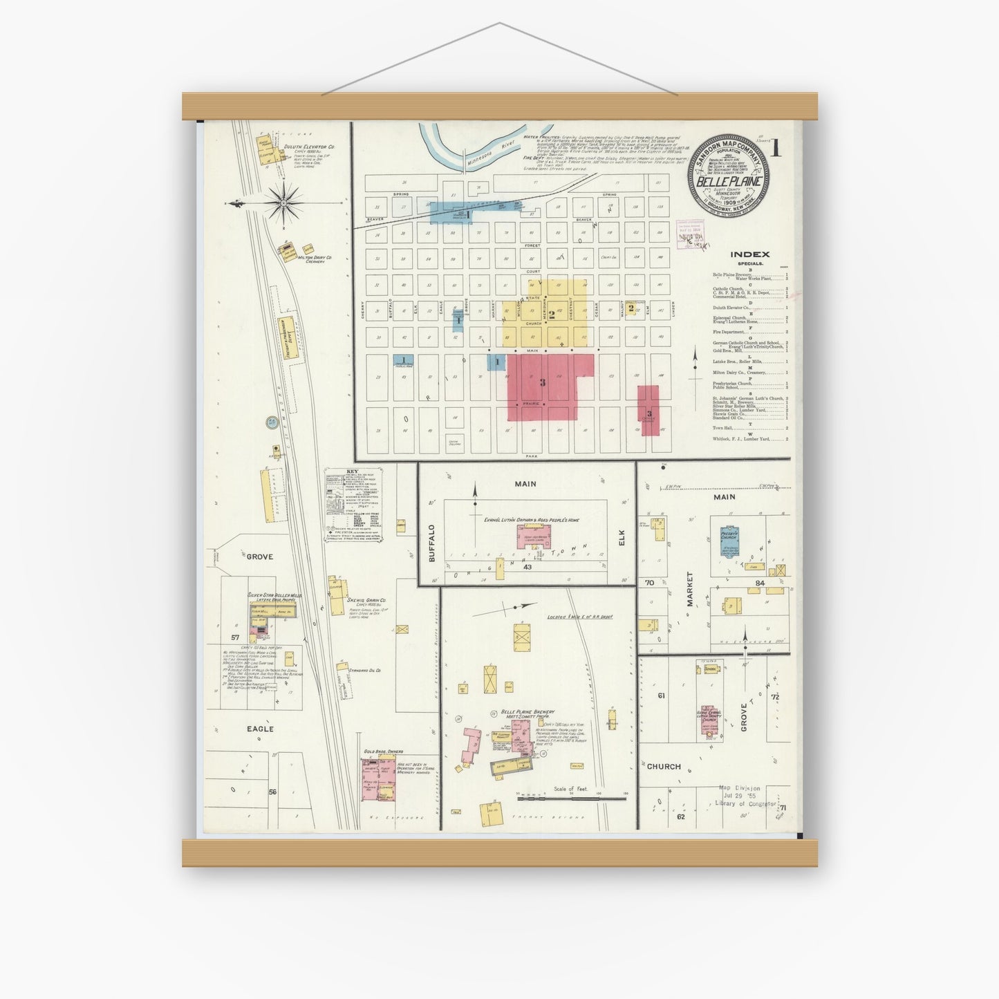 Old map wall art mockup — magnetic wood frame on white wall — Sanborn Fire Insurance Map from Belle Plaine, Scott County, Minnesota (1909) - Complete Map Set