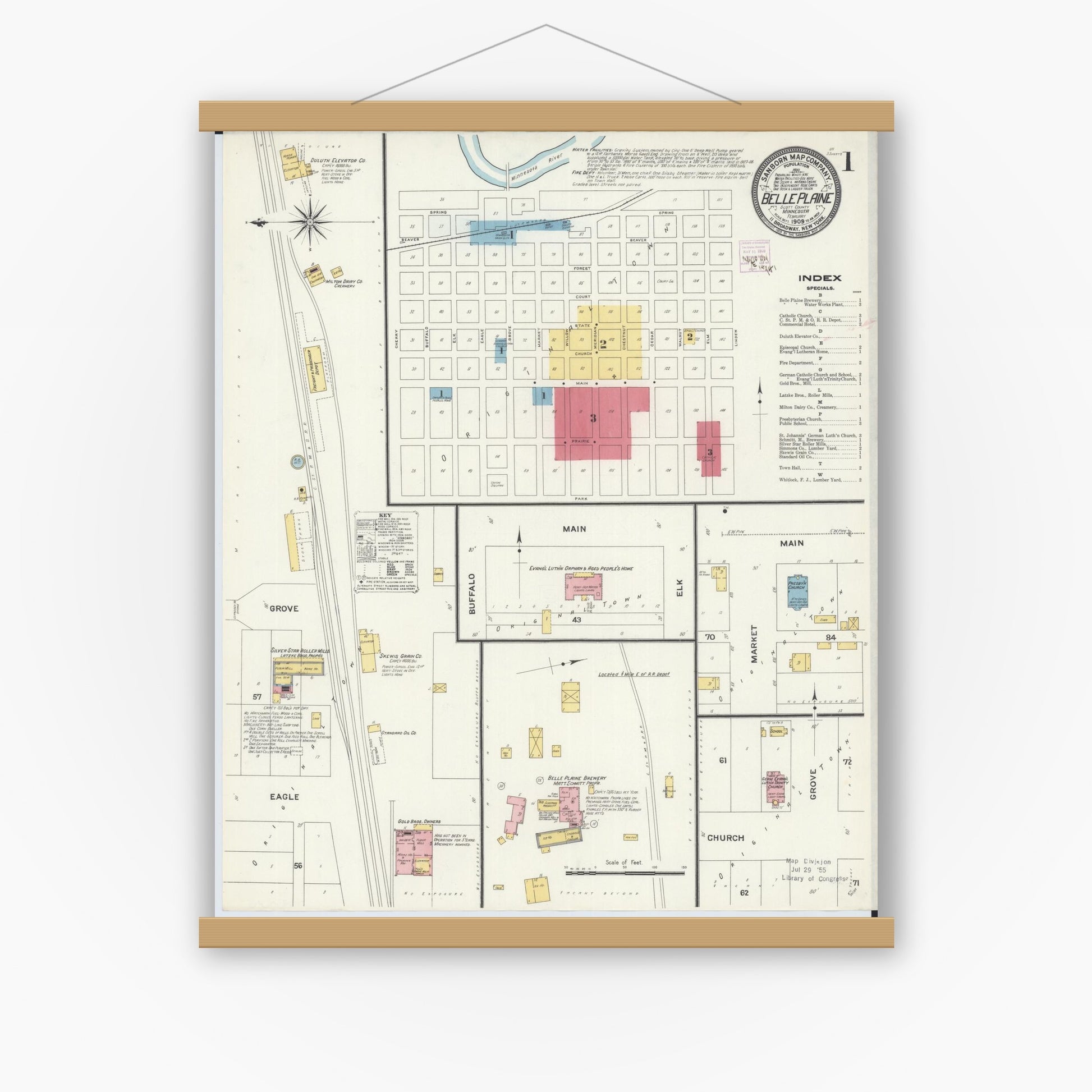 Old map wall art mockup — magnetic wood frame on white wall — Sanborn Fire Insurance Map from Belle Plaine, Scott County, Minnesota (1909) - Complete Map Set