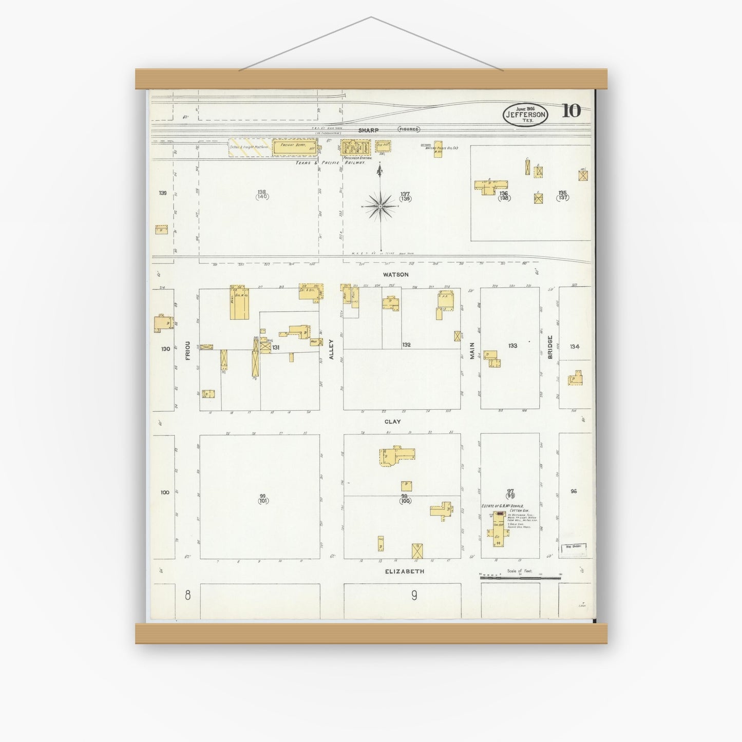 Old map wall art mockup — magnetic wood frame on white wall — Sanborn Fire Insurance Map from Jefferson, Marion County, Texas (1906), Sheet #0010