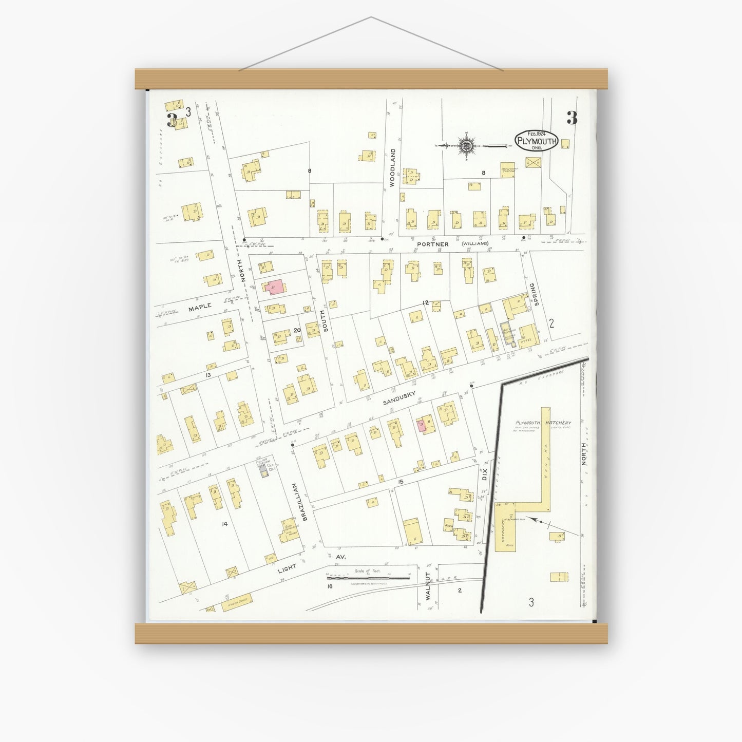 Old map wall art mockup — magnetic wood frame on white wall — Sanborn Fire Insurance Map from Plymouth, Huron And Richland Counties, Ohio (1924), Sheet #0003