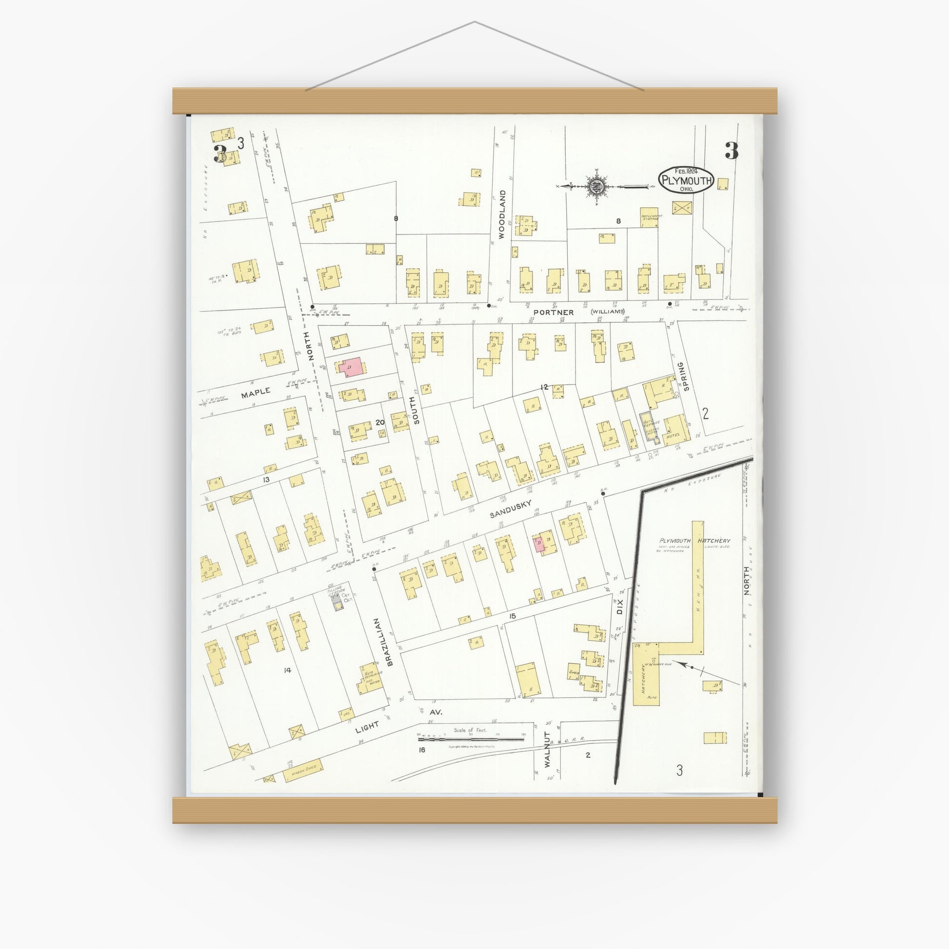 Old map wall art mockup — magnetic wood frame on white wall — Sanborn Fire Insurance Map from Plymouth, Huron And Richland Counties, Ohio (1924), Sheet #0003