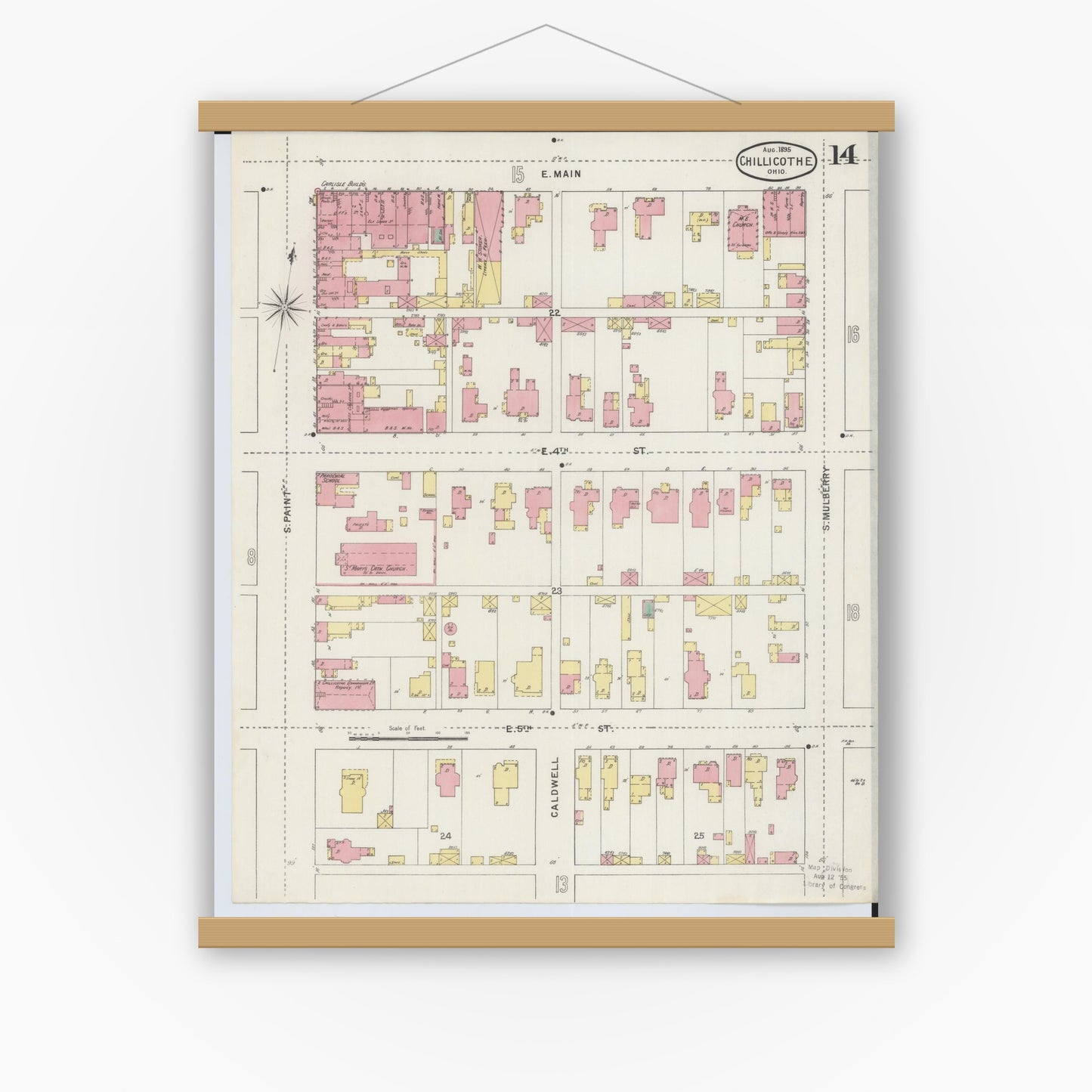 Old map wall art mockup — magnetic wood frame on white wall — Sanborn Fire Insurance Map from Chillicothe, Ross County, Ohio (1895), Sheet #0014