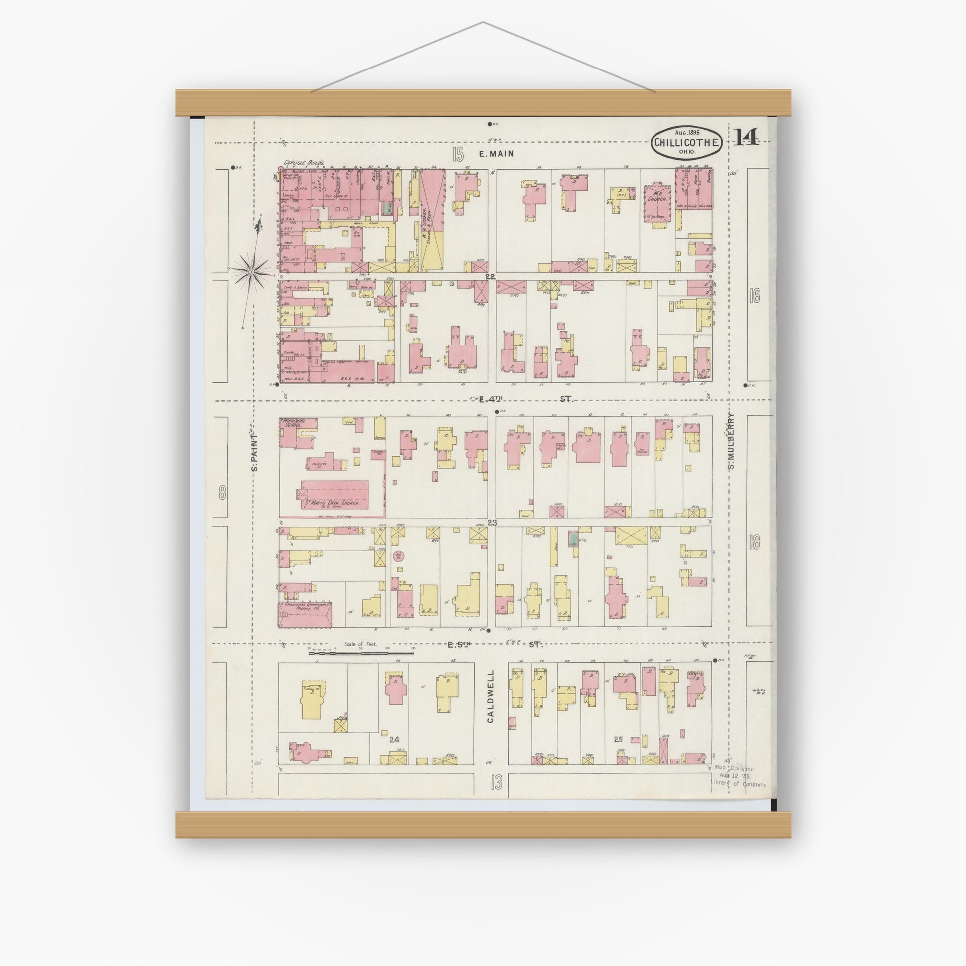 Old map wall art mockup — magnetic wood frame on white wall — Sanborn Fire Insurance Map from Chillicothe, Ross County, Ohio (1895), Sheet #0014