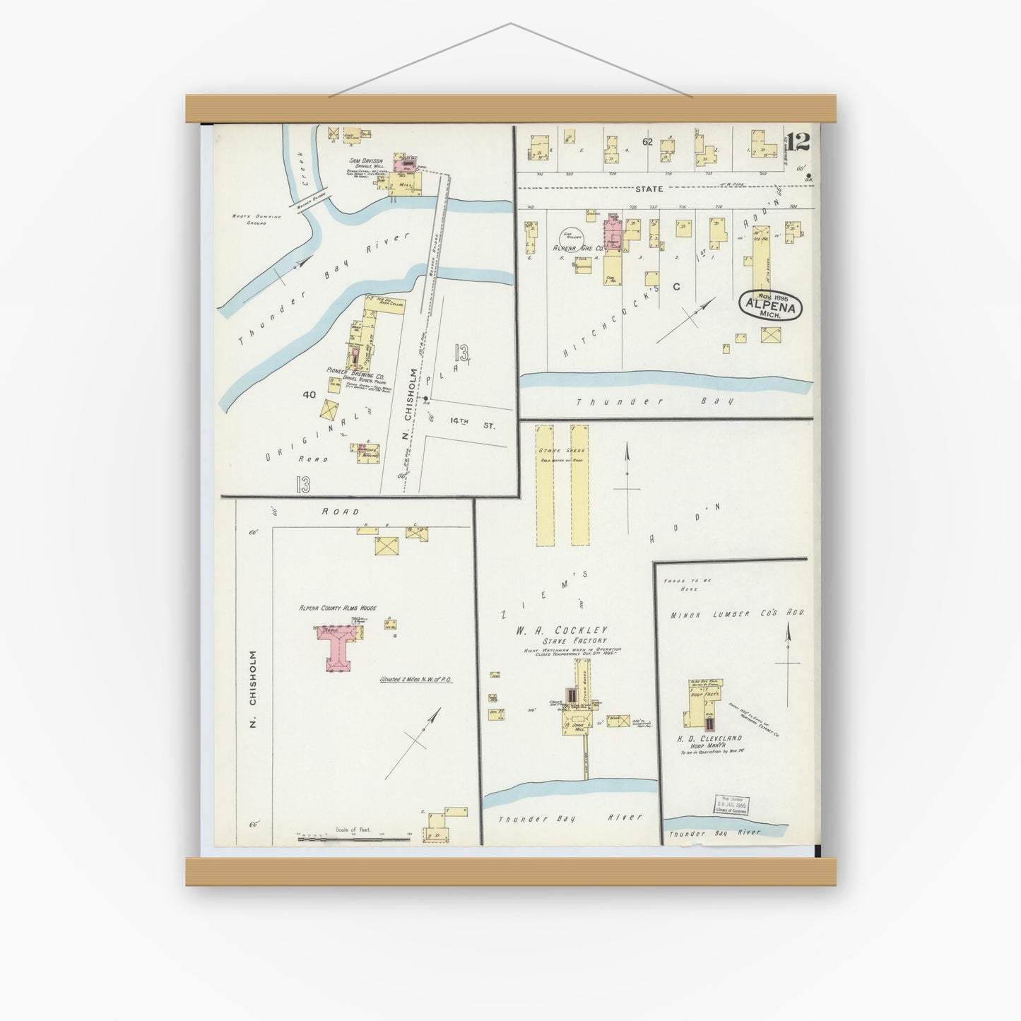 Old map wall art mockup — magnetic wood frame on white wall — Sanborn Fire Insurance Map from Alpena, Alpena County, Michigan (1895), Sheet #0012