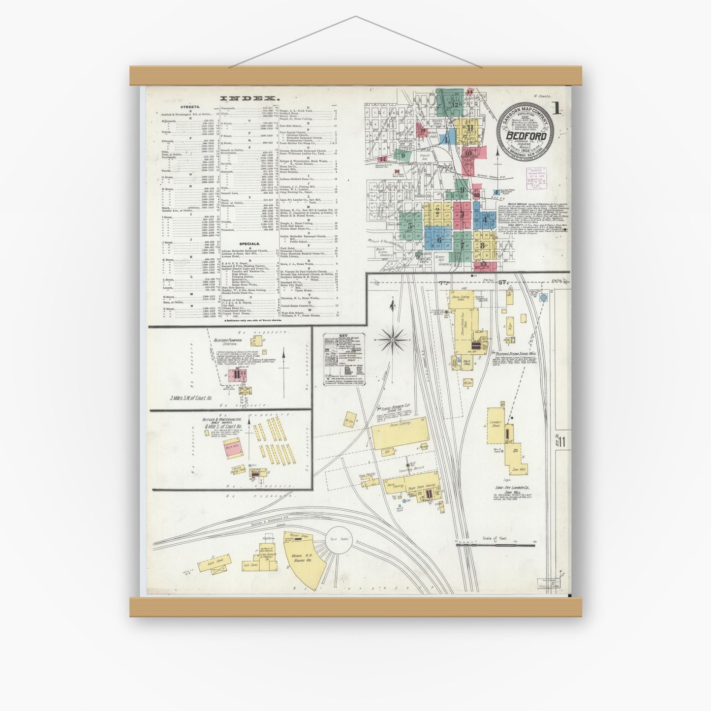 Old map wall art mockup — magnetic wood frame on white wall — Sanborn Fire Insurance Map from Bedford, Lawrence County, Indiana (1904) - Complete Map Set