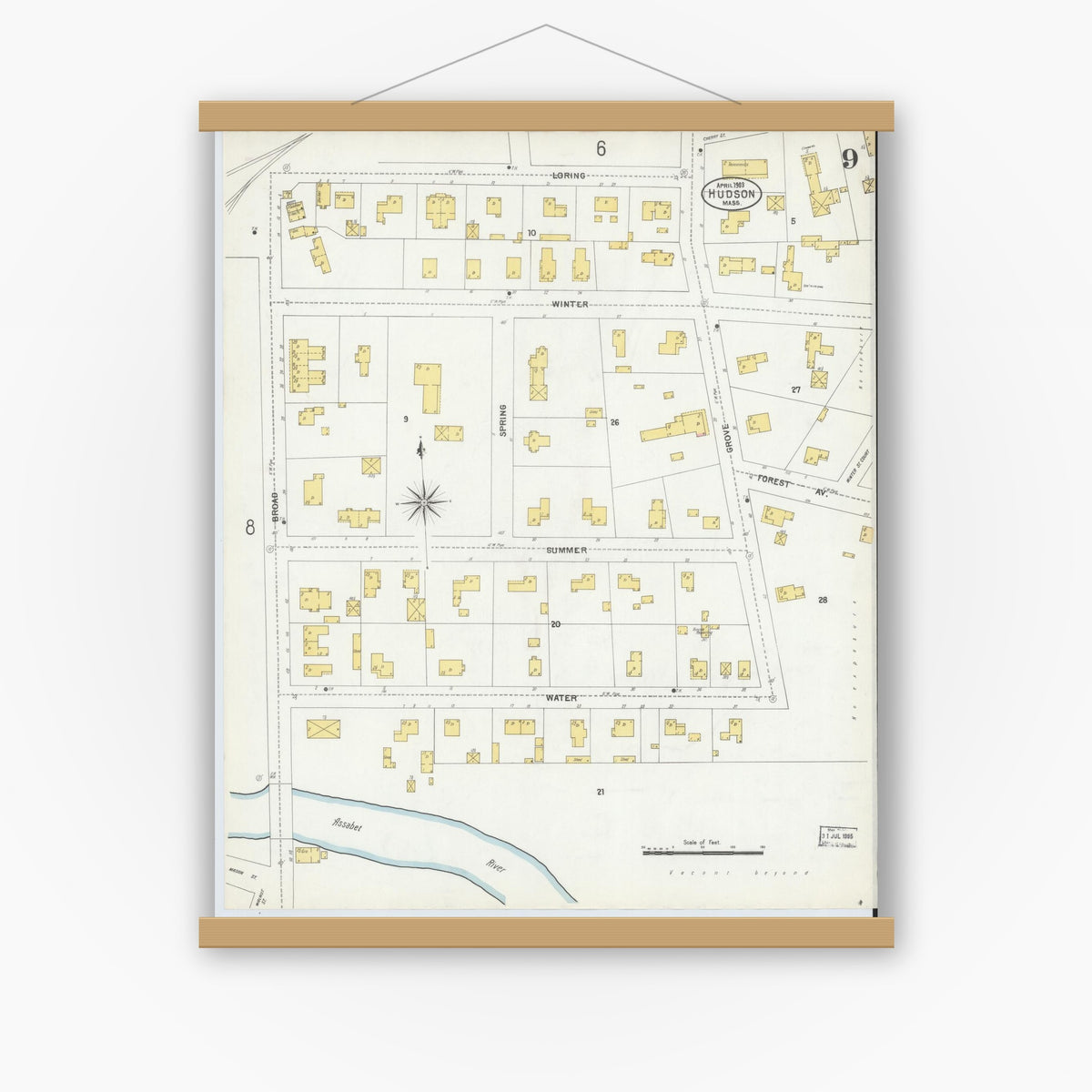 Old map wall art mockup — magnetic wood frame on white wall — Sanborn Fire Insurance Map from Hudson, Middlesex County, Massachusetts (1903), Sheet #0008