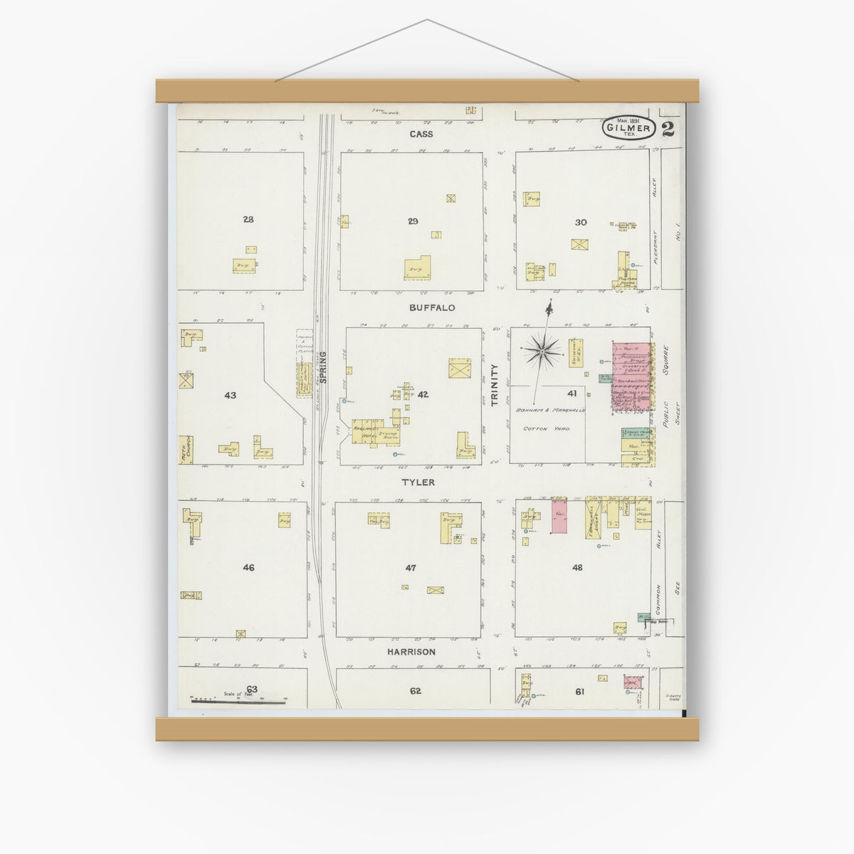 Old map wall art mockup — magnetic wood frame on white wall — Sanborn Fire Insurance Map from Gilmer, Upshur County, Texas (1891), Sheet #0002