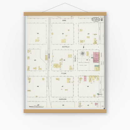 Old map wall art mockup — magnetic wood frame on white wall — Sanborn Fire Insurance Map from Gilmer, Upshur County, Texas (1891), Sheet #0002