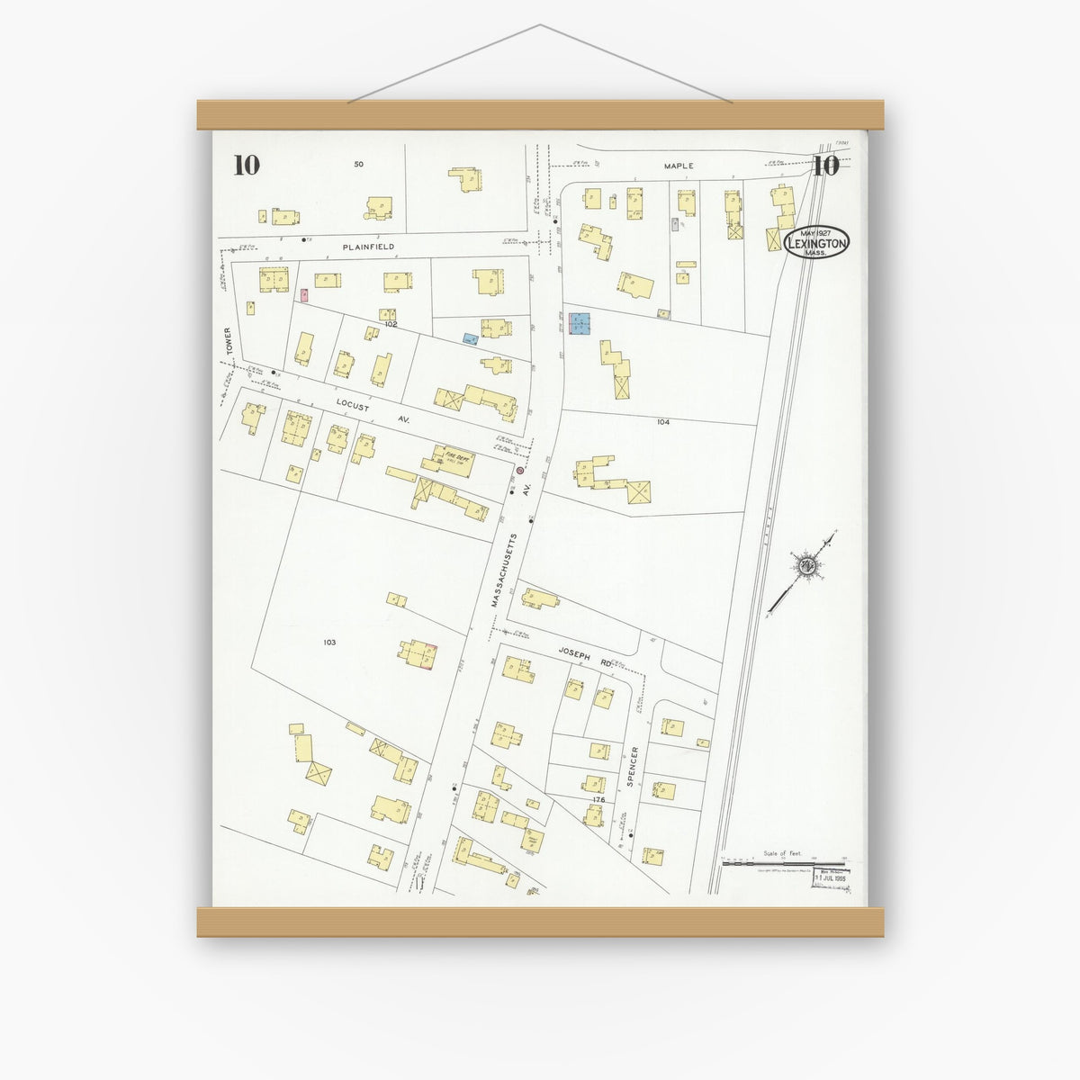 Old map wall art mockup — magnetic wood frame on white wall — Sanborn Fire Insurance Map from Lexington, Middlesex County, Massachusetts (1927), Sheet #0010