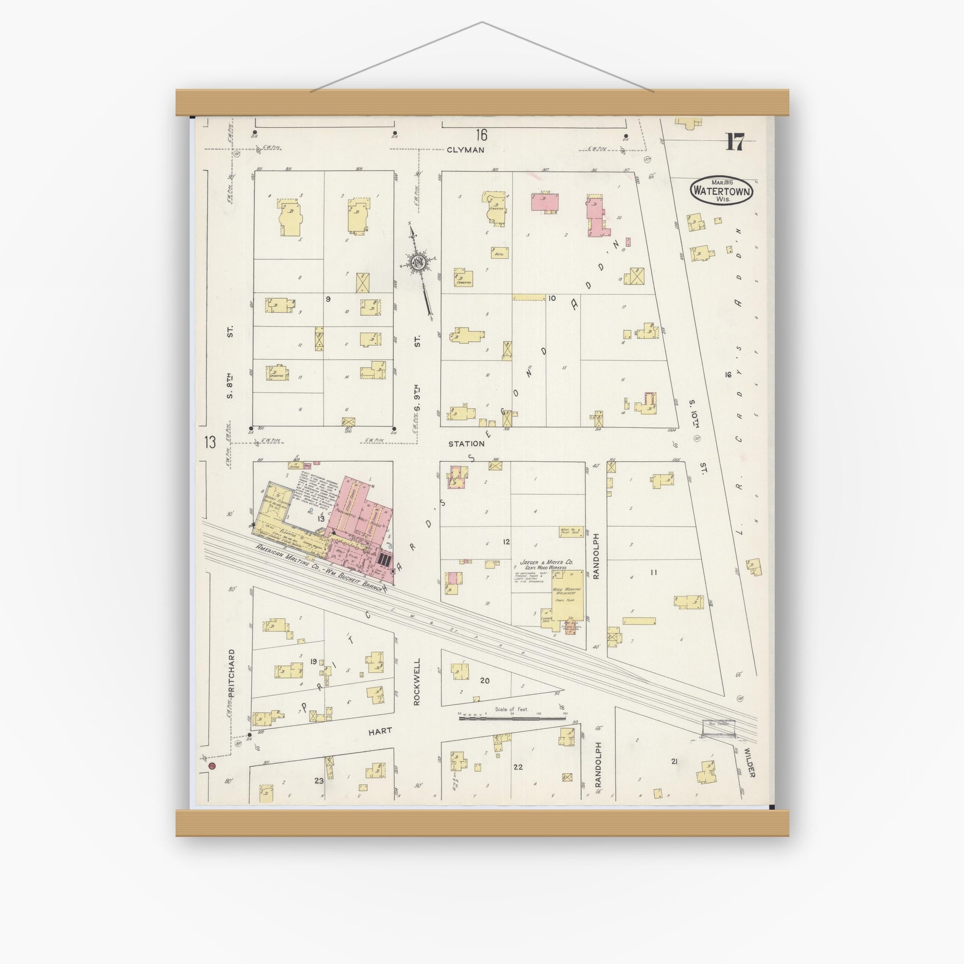 Old map wall art mockup — magnetic wood frame on white wall — Sanborn Fire Insurance Map from Watertown, Jefferson County, Wisconsin (1915), Sheet #0018
