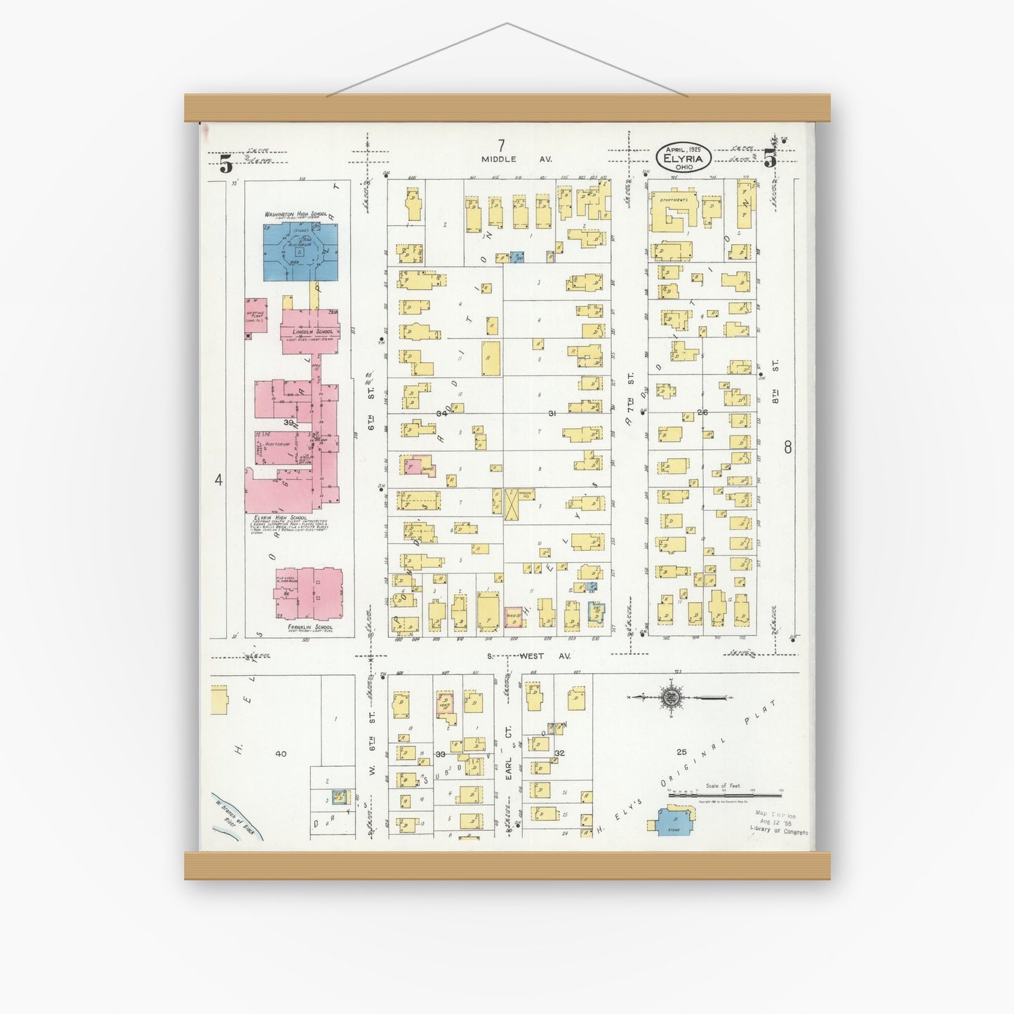 Old map wall art mockup — magnetic wood frame on white wall — Sanborn Fire Insurance Map from Elyria, Lorain County, Ohio (1925), Sheet #0005