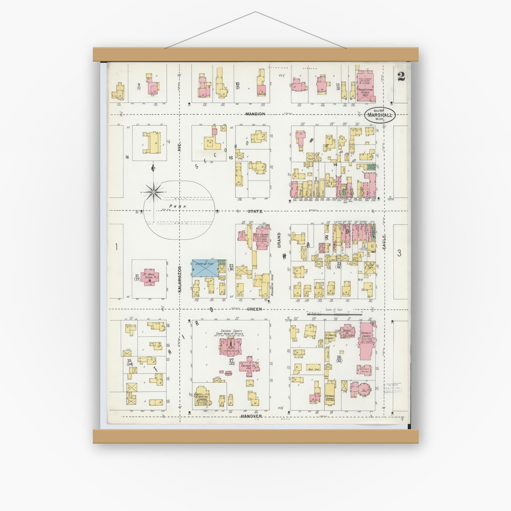 Old map wall art mockup — magnetic wood frame on white wall — Sanborn Fire Insurance Map from Marshall, Calhoun County, Michigan (1899), Sheet #0002