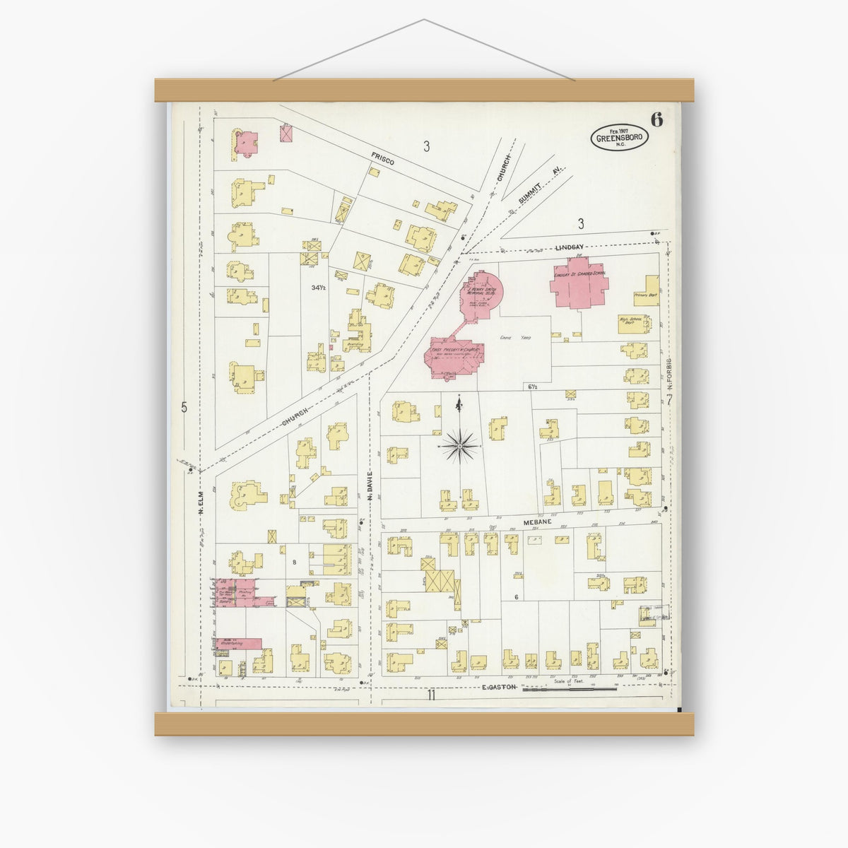 Old map wall art mockup — magnetic wood frame on white wall — Sanborn Fire Insurance Map from Greensboro, Guilford County, North Carolina (1907), Sheet #0006