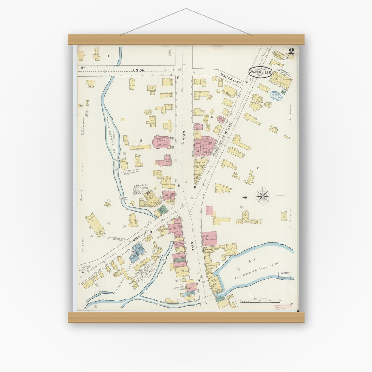Old map wall art mockup — magnetic wood frame on white wall — Sanborn Fire Insurance Map from Waterville, Oneida County, New York (1894), Sheet #0002