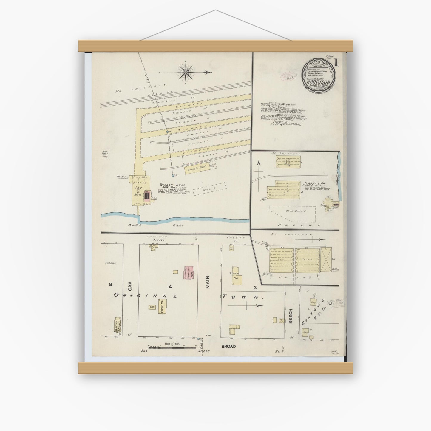 Old map wall art mockup — magnetic wood frame on white wall — Sanborn Fire Insurance Map from Harrison, Clare County, Michigan (1890) - Complete Map Set