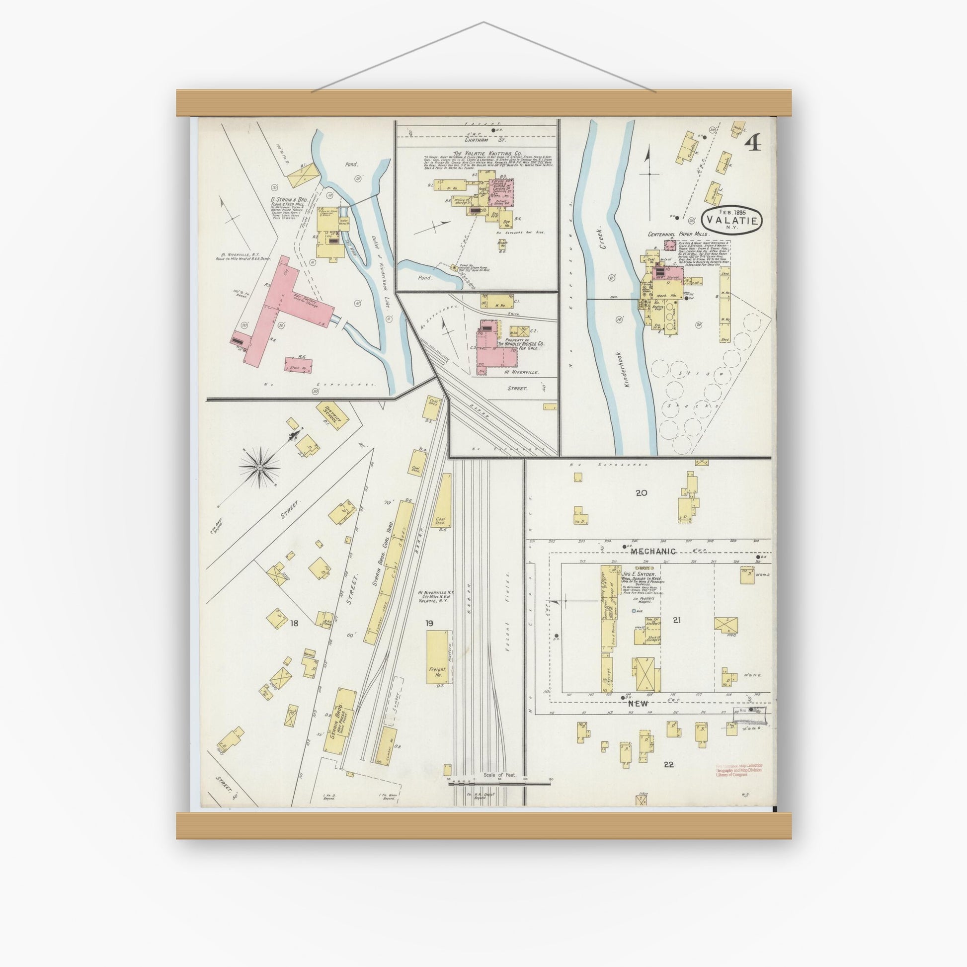 Old map wall art mockup — magnetic wood frame on white wall — Sanborn Fire Insurance Map from Valatie, Columbia County, New York (1895), Sheet #0004