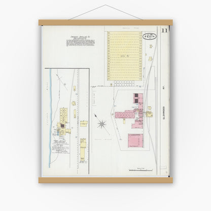 Old map wall art mockup — magnetic wood frame on white wall — Sanborn Fire Insurance Map from Pekin, Tazewell County, Illinois (1892), Sheet #0011