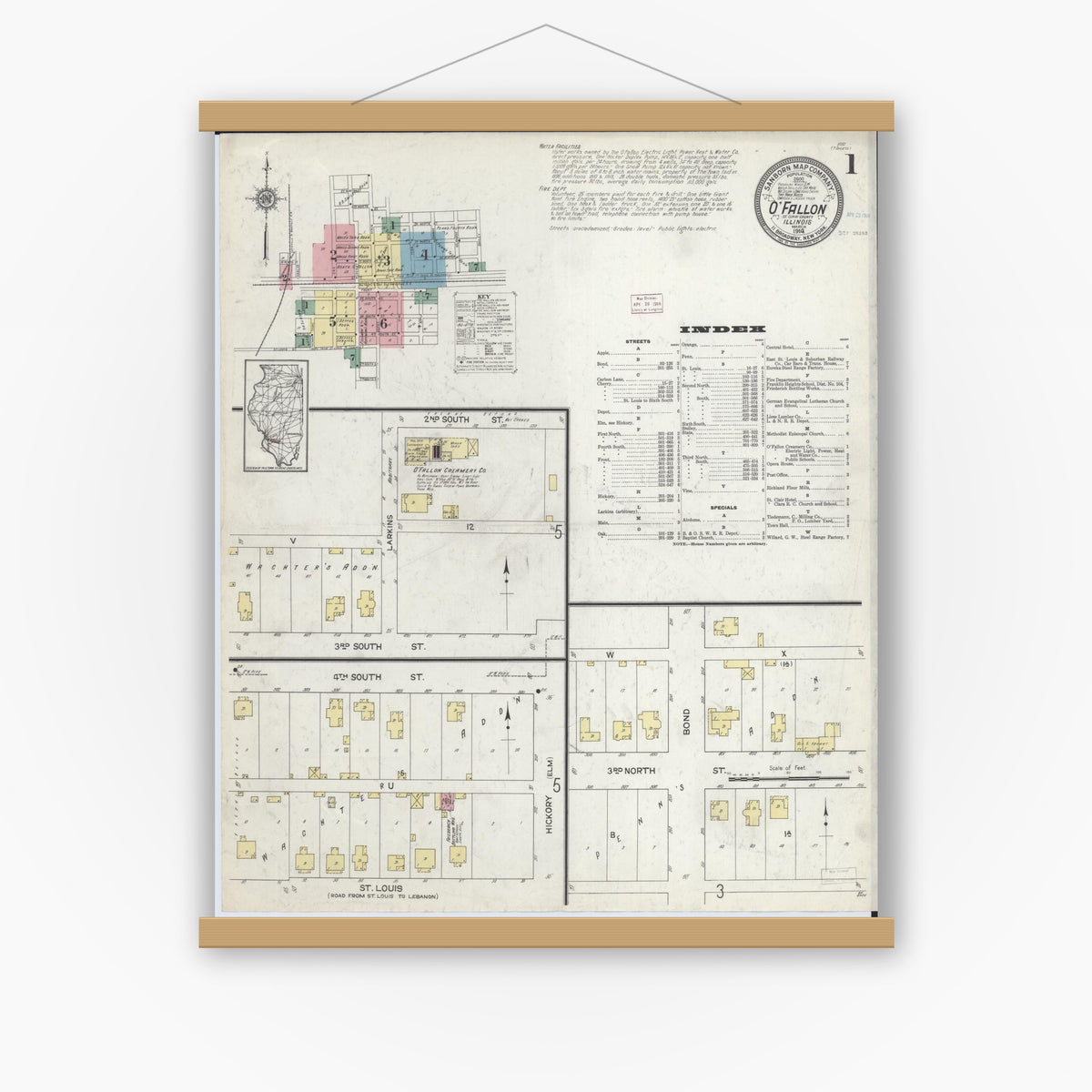 Old map wall art mockup — magnetic wood frame on white wall — Sanborn Fire Insurance Map from O'Fallon, Saint Clair County, Illinois (1914) - Complete Map Set
