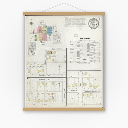 Old map wall art mockup — magnetic wood frame on white wall — Sanborn Fire Insurance Map from O'Fallon, Saint Clair County, Illinois (1914) - Complete Map Set