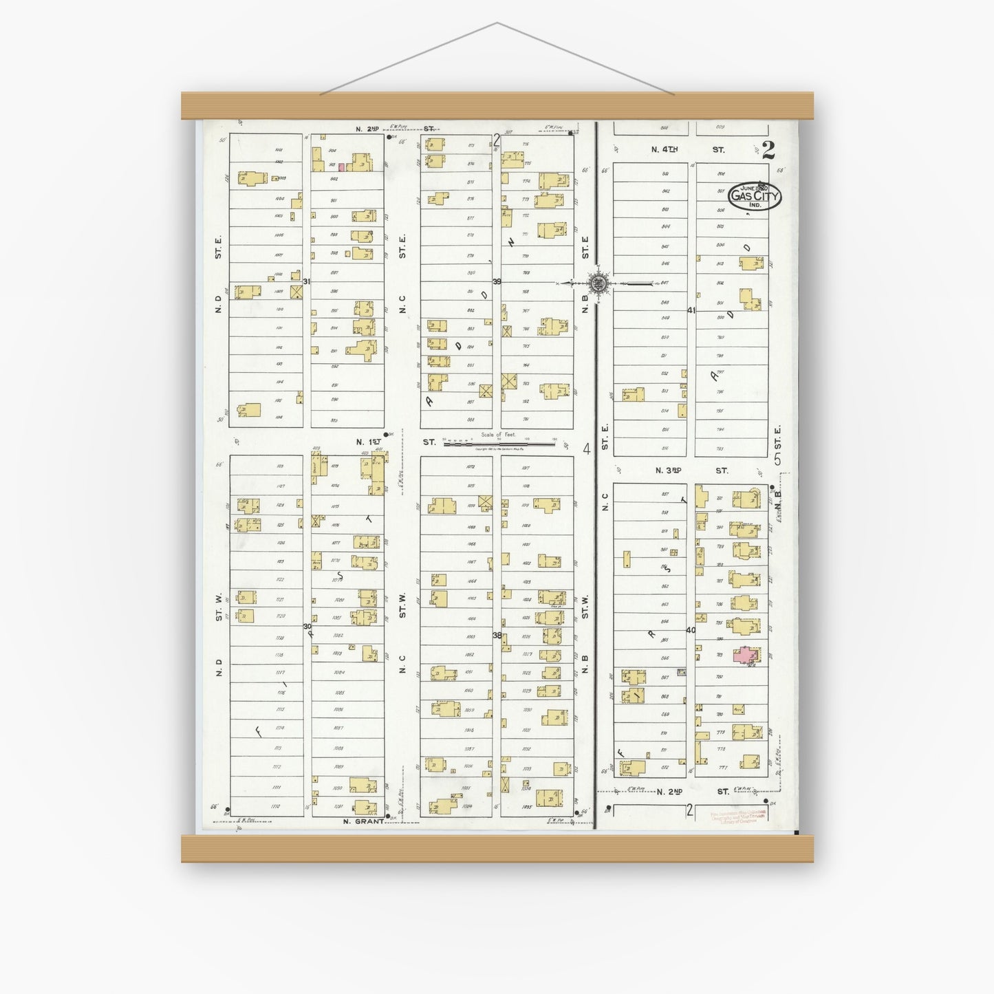 Old map wall art mockup — magnetic wood frame on white wall — Sanborn Fire Insurance Map from Gas City, Grant County, Indiana (1920), Sheet #0002