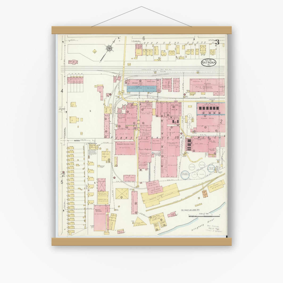 Old map wall art mockup — magnetic wood frame on white wall — Sanborn Fire Insurance Map from Natrona, Allegheny County, Pennsylvania (1912), Sheet #0003