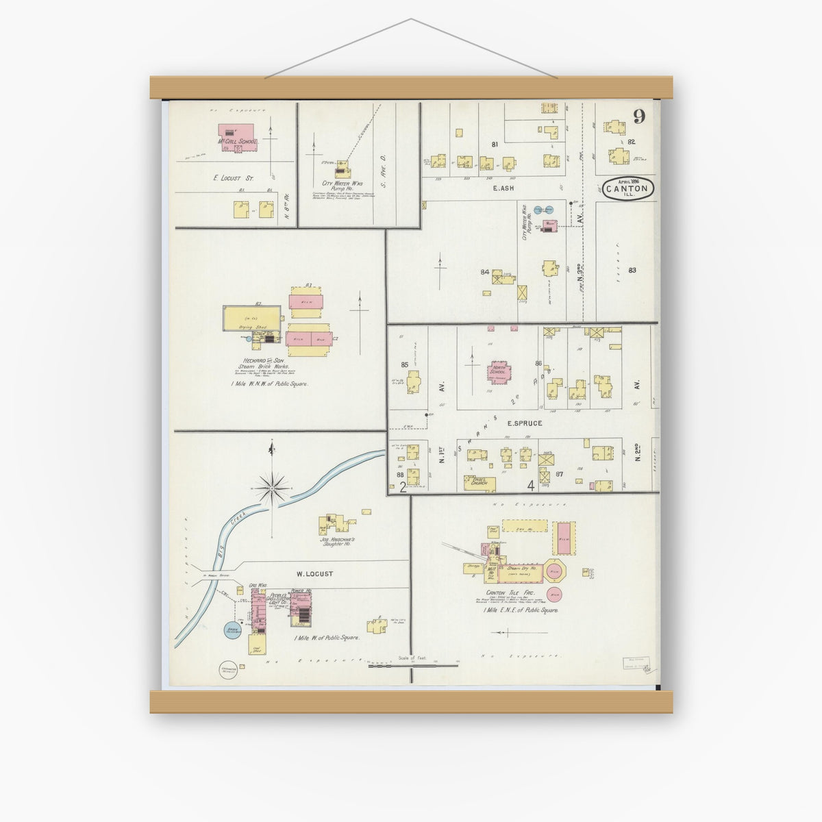 Old map wall art mockup — magnetic wood frame on white wall — Sanborn Fire Insurance Map from Canton, Fulton County, Illinois (1896), Sheet #0009