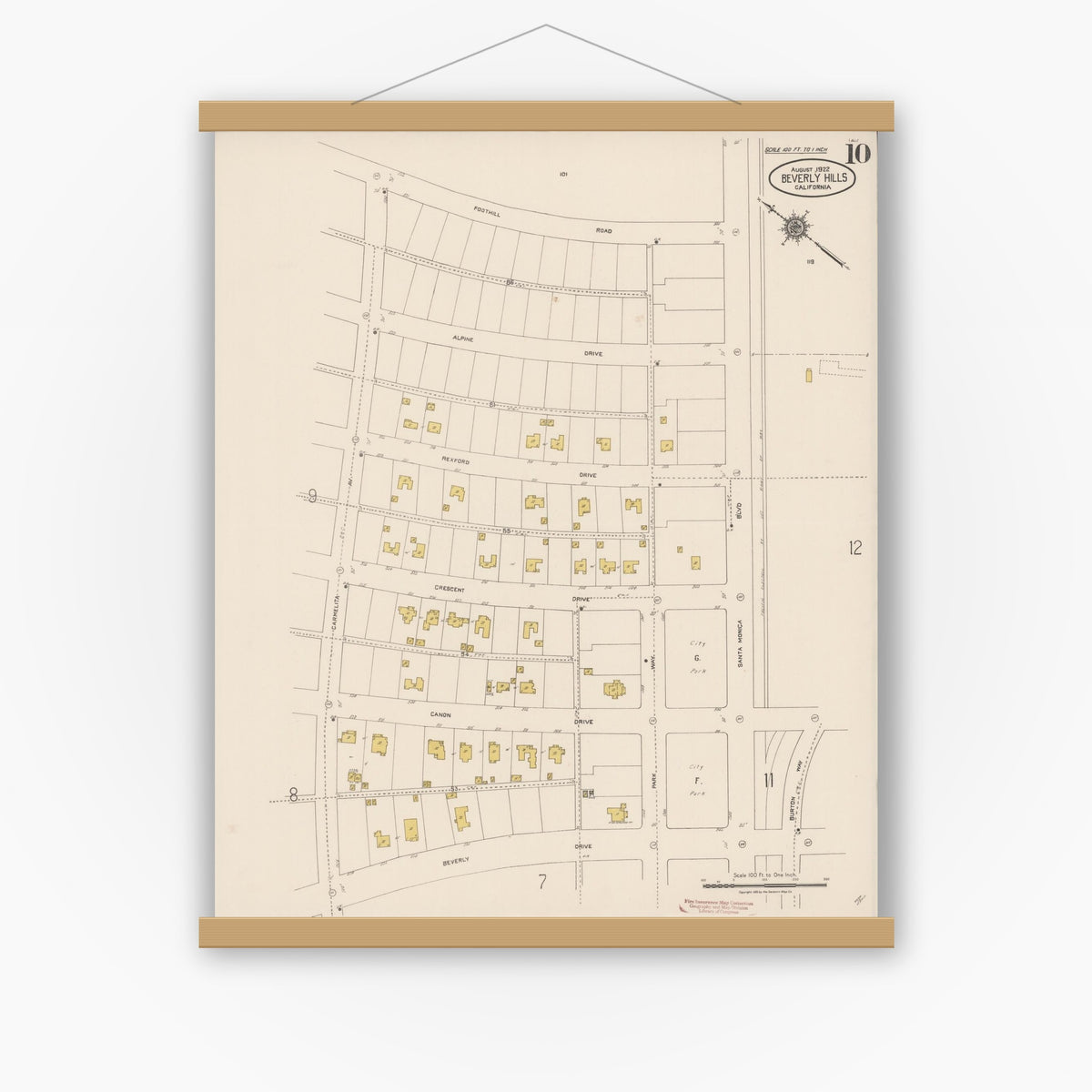 Old map wall art mockup — magnetic wood frame on white wall — Sanborn Fire Insurance Map from Beverly Hills, Los Angeles County, California (1922), Sheet #0010