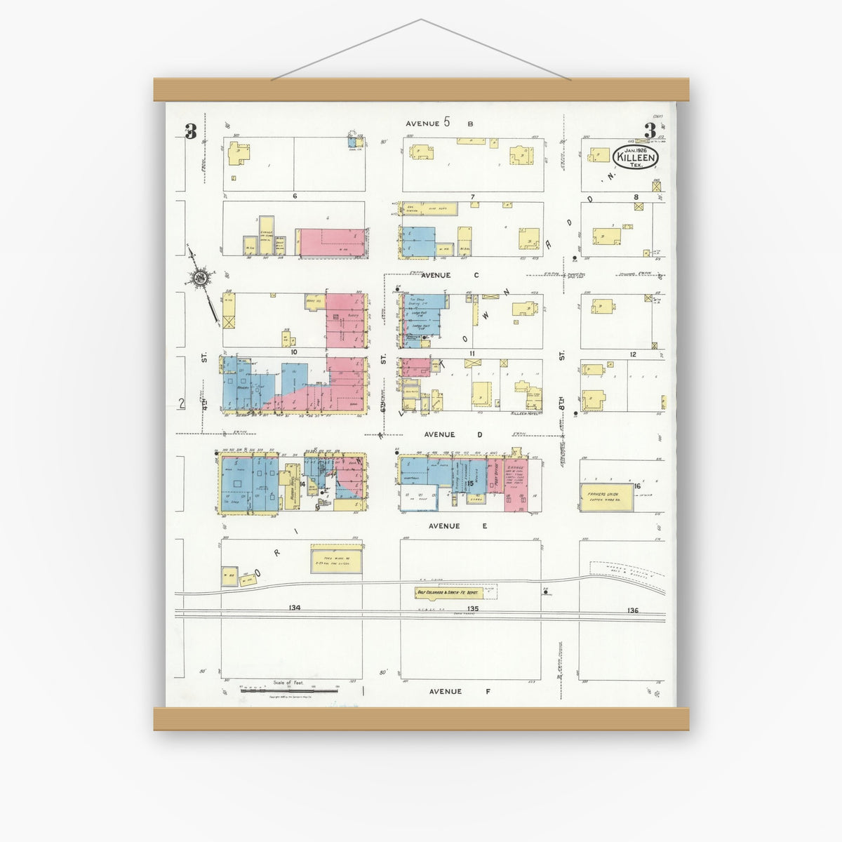 Old map wall art mockup — magnetic wood frame on white wall — Sanborn Fire Insurance Map from Killeen, Bell County, Texas (1926), Sheet #0003