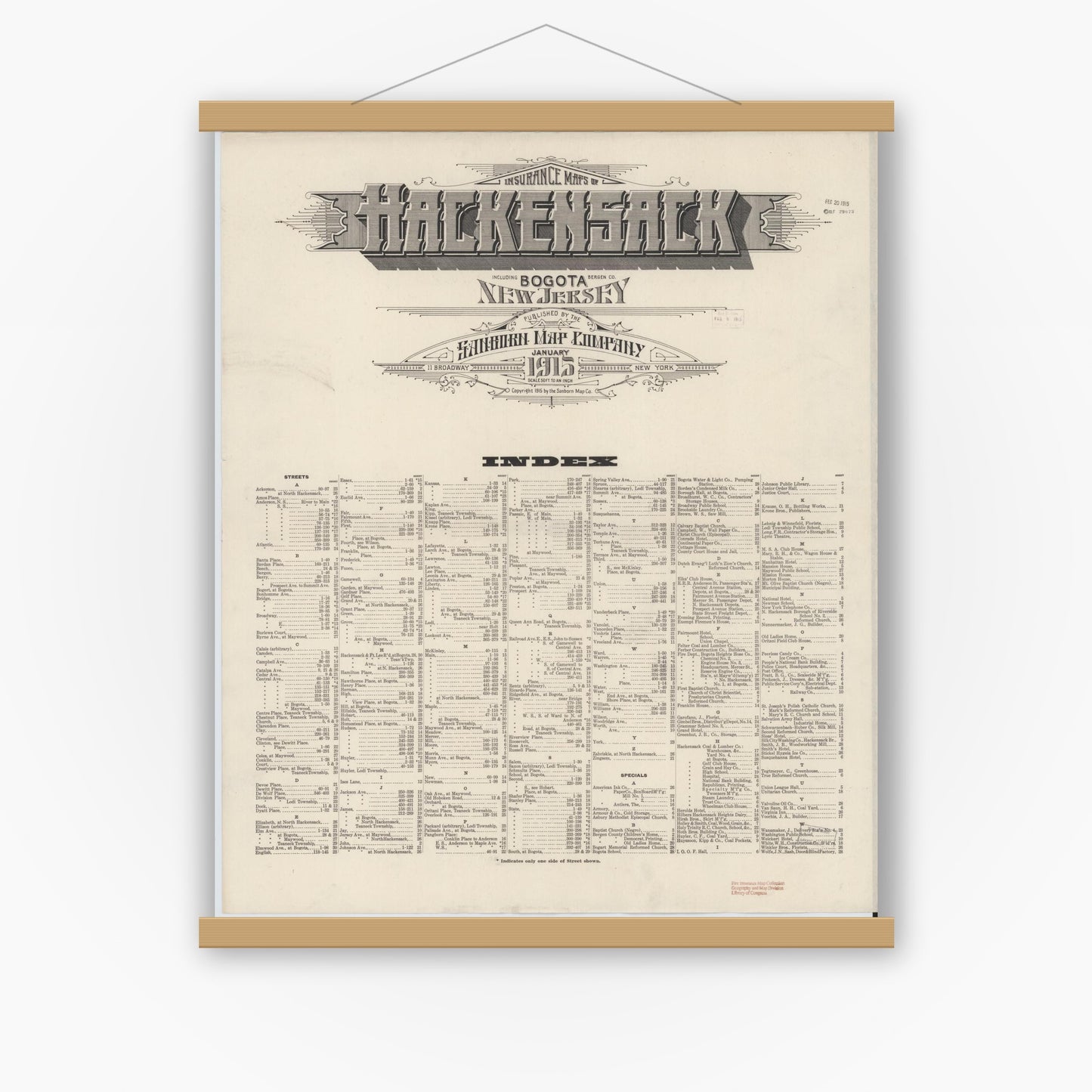 Old map wall art mockup — magnetic wood frame on white wall — Sanborn Fire Insurance Map from Hackensack, Bergen County, New Jersey (1915), Sheet #0001