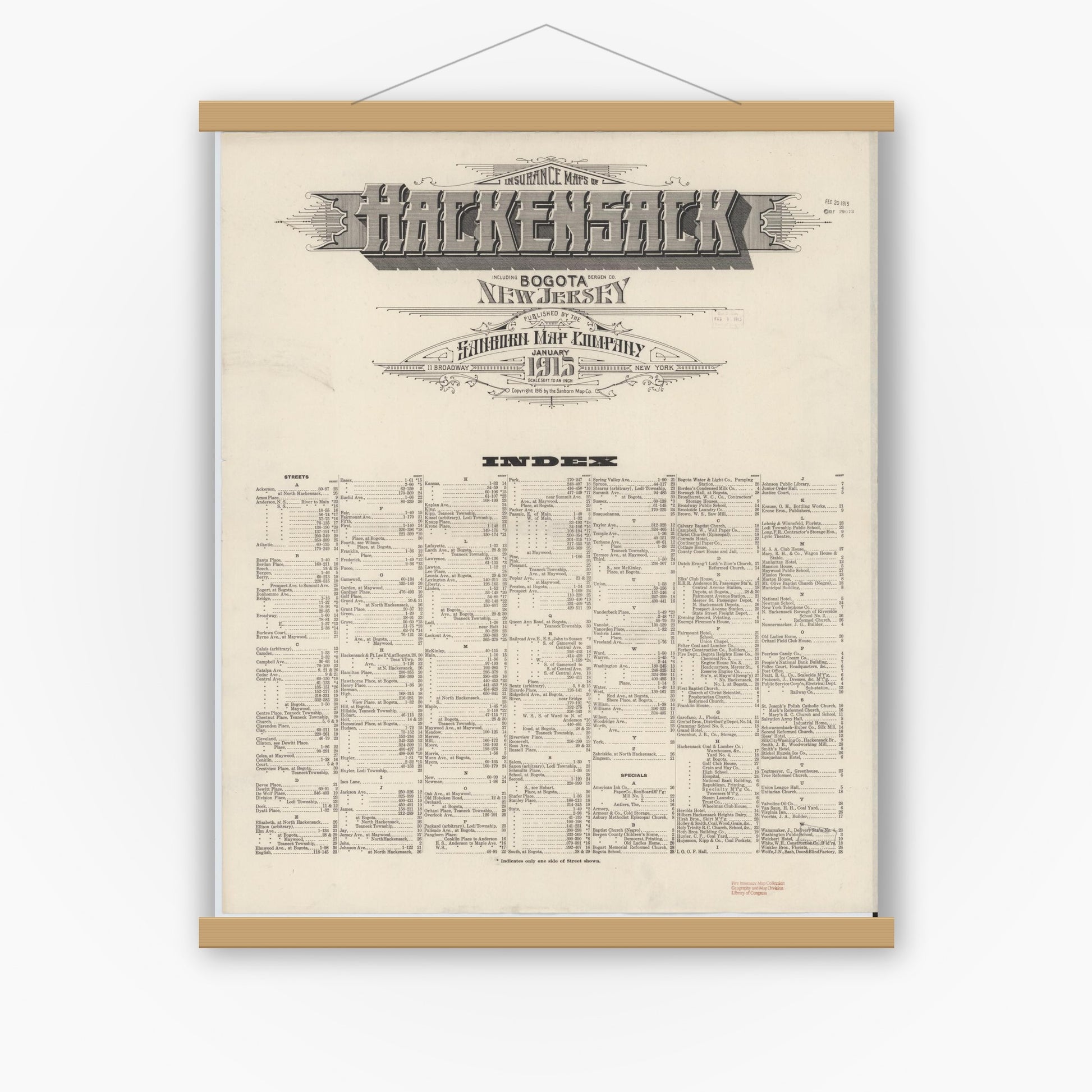 Old map wall art mockup — magnetic wood frame on white wall — Sanborn Fire Insurance Map from Hackensack, Bergen County, New Jersey (1915), Sheet #0001