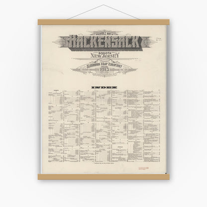 Old map wall art mockup — magnetic wood frame on white wall — Sanborn Fire Insurance Map from Hackensack, Bergen County, New Jersey (1915), Sheet #0001