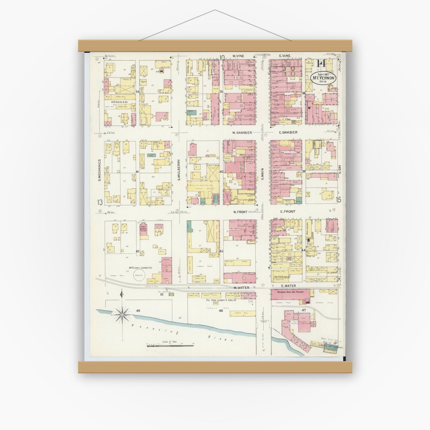 Old map wall art mockup — magnetic wood frame on white wall — Sanborn Fire Insurance Map from Mount Vernon, Knox County, Ohio (1907), Sheet #0014