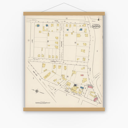 Old map wall art mockup — magnetic wood frame on white wall — Sanborn Fire Insurance Map from Huntington, Suffolk County, New York (1922), Sheet #0004