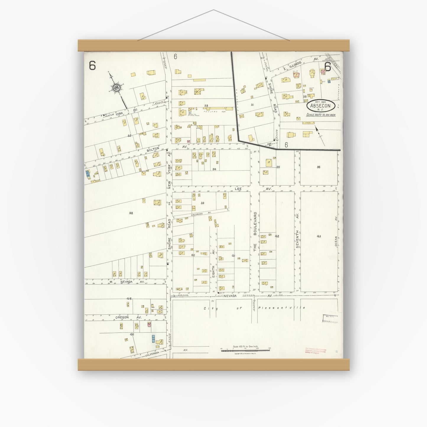 Old map wall art mockup — magnetic wood frame on white wall — Sanborn Fire Insurance Map from Absecon, Atlantic County, New Jersey (1923), Sheet #0006
