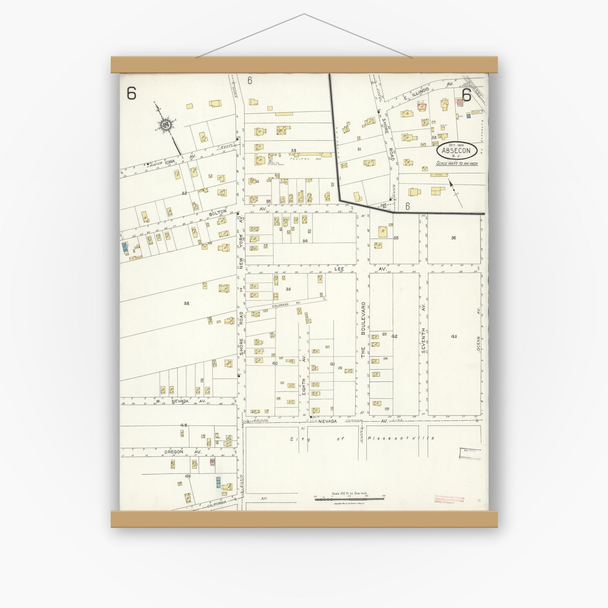 Old map wall art mockup — magnetic wood frame on white wall — Sanborn Fire Insurance Map from Absecon, Atlantic County, New Jersey (1923), Sheet #0006