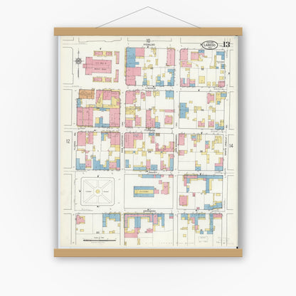 Old map wall art mockup — magnetic wood frame on white wall — Sanborn Fire Insurance Map from Laredo, Webb County, Texas (1916), Sheet #0013