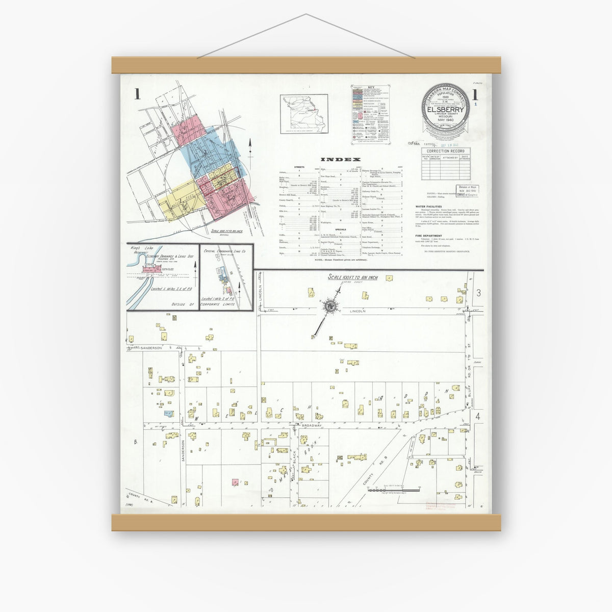 Old map wall art mockup — magnetic wood frame on white wall — Sanborn Fire Insurance Map from Elsberry, Lincoln County, Missouri (1940) - Complete Map Set
