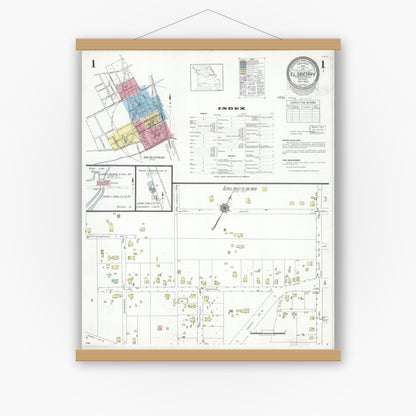Old map wall art mockup — magnetic wood frame on white wall — Sanborn Fire Insurance Map from Elsberry, Lincoln County, Missouri (1940) - Complete Map Set